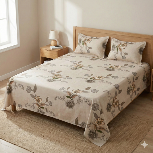 Misnaya Living Ivory Bloom Soft Glace Cotton Double Bedsheet 90×100 Inches with 2 Matching Pillow Covers