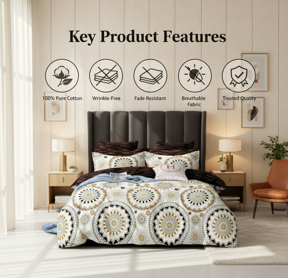 Misnaya Glace Cotton Super Soft Queen, Double Size Bedsheet | Mandala Pattern | 2 Pillow Covers Included