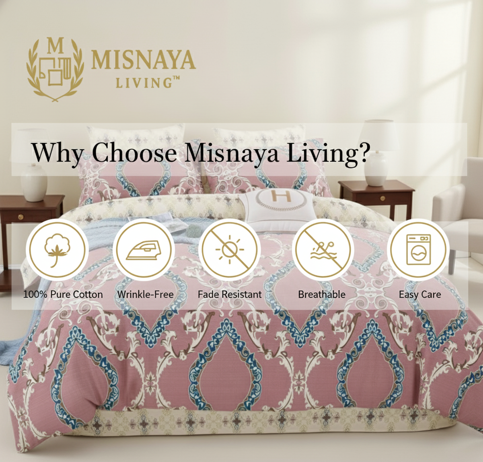 Misnaya Glace Cotton Super Soft Queen, Double Size Bedsheet |  Royal Damask Print | 2 Pillow Covers Included