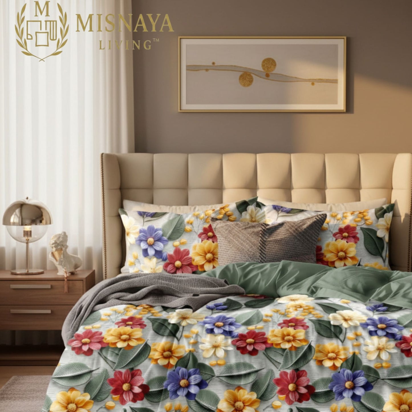 Misnaya Premium Glace Cotton 7D Floral Spring Garden Blossom King Size Bedsheet 108×108 Inch with 2 Matching Pillow Covers