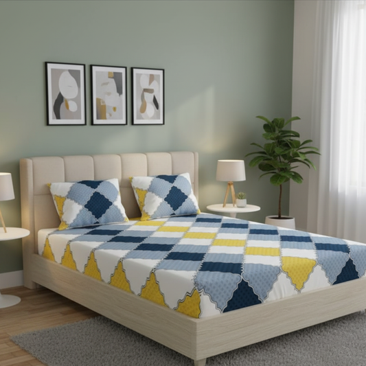 Misnaya Glace Cotton 140 GSM Double Bed Fitted Bedsheet with 360° Elastic | Soft & Breathable Fabric | Includes 2 Pillow Covers | Modern Geometric Design