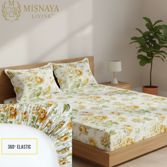 Misnaya Premium 200 TC Double Bed Fitted Bedsheet – Yellow Floral Print with 2 Pillow Covers
