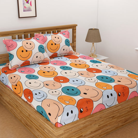 MISNAYA Smiley Print Kids Fitted Bedsheet – Premium 180 GSM Cotton Feel | Elastic Fit Double Bed (90×100 Inches -Fits up to 8-inch mattress)