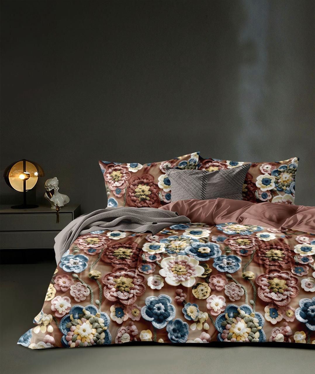 Misnaya Royal Crochet Blossom 7D Glace Cotton King Size Bedsheet (Mocha Brown – Multicolor Floral Art, 108×108 Inches) with 2 Matching Pillow Covers