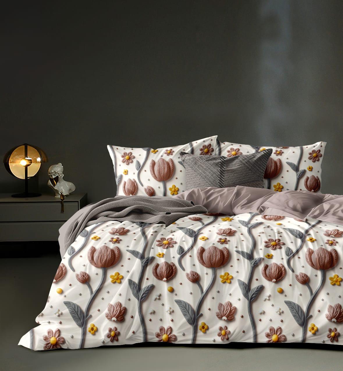 Misnaya Rustic Blossom Royale 7D Glace Cotton King Bedsheet 108×108 Inches with 2 Matching Pillow Covers