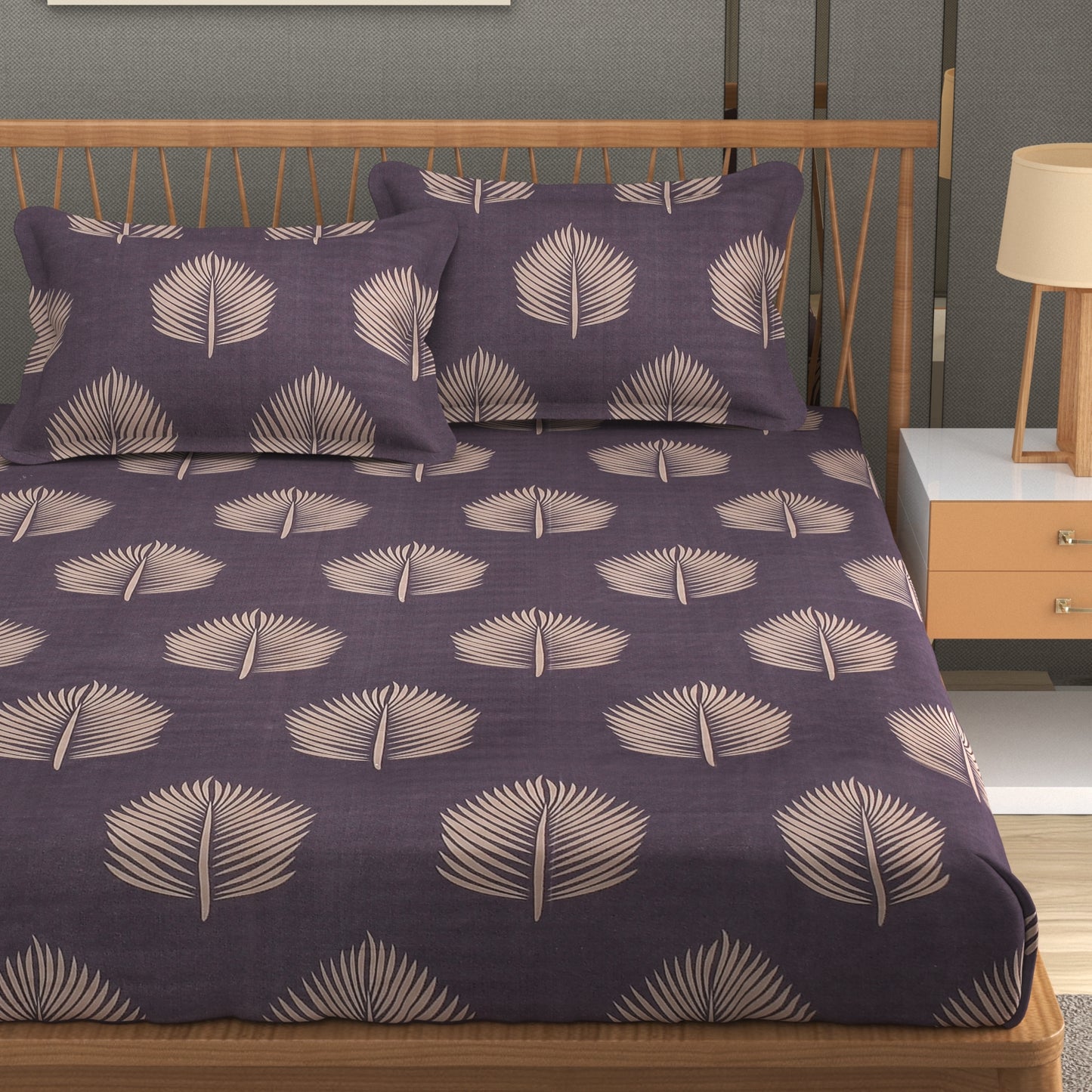MISNAYA Super Soft Midnight Palm – Charcoal Purple 200 GSM Elastic Fitted Bedsheet for Double Bed (72×78 Inches) | Fits Up to 8-Inch Mattress
