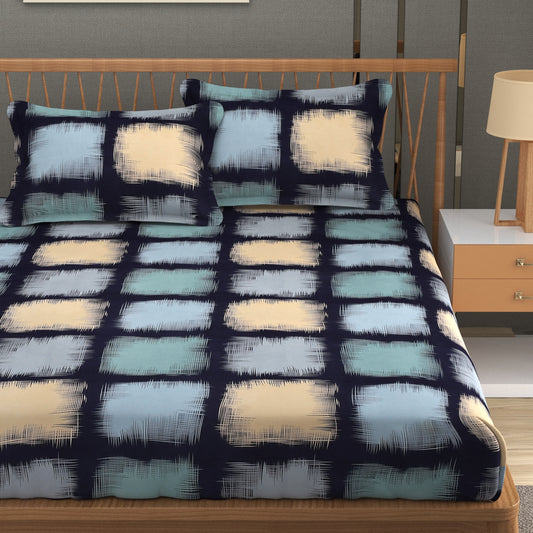 MISNAYA Super Soft | Indigo Brush Grid – Indigo Blue | 200 GSM Elastic Fitted Bedsheet for Double Bed (72×78 Inches) | Fits Up to 8-Inch Mattress