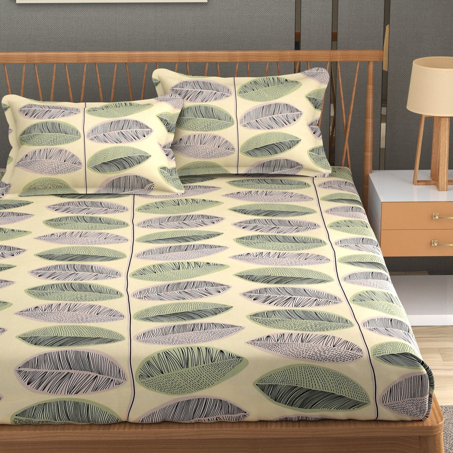 MISNAYA Super Soft Teal Leaf Harmony – Teal  200 GSM Elastic Fitted Bedsheet for Double Bed (72×78 Inches) | Fits Up to 8-Inch Mattress