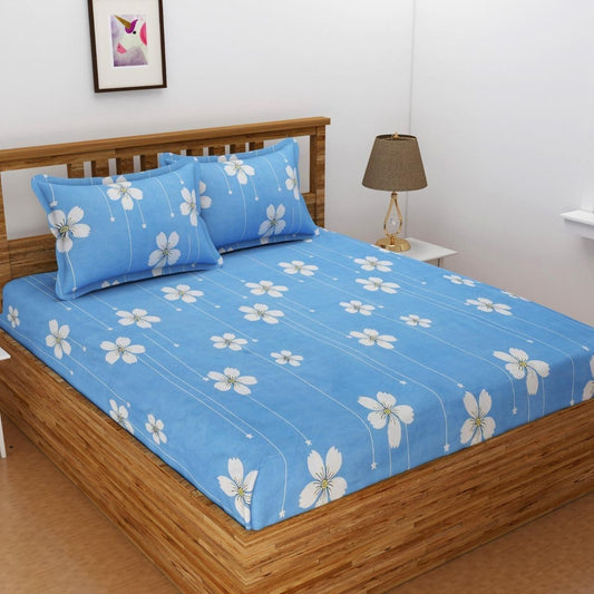MISNAYA Super Soft | Sky Blossom – Sky Blue 200 GSM Elastic Fitted Bedsheet for Double Bed (72×78 Inches) | Fits Up to 8-Inch Mattress