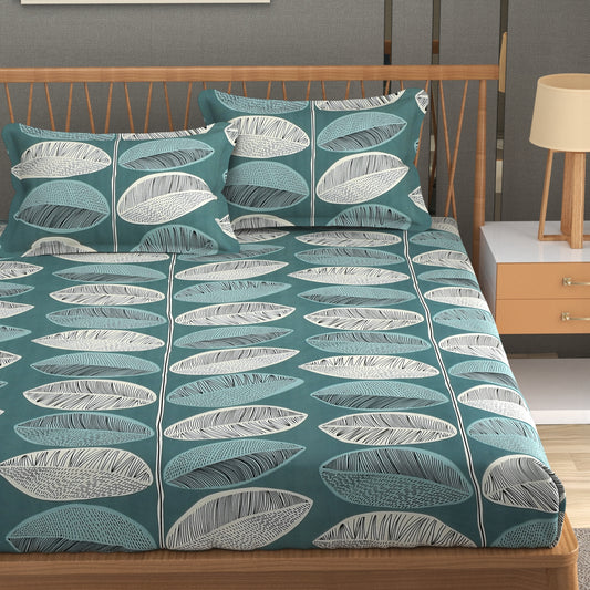 MISNAYA Super Soft Teal Leaf Harmony – Teal  200 GSM Elastic Fitted Bedsheet for Double Bed (72×78 Inches) | Fits Up to 8-Inch Mattress
