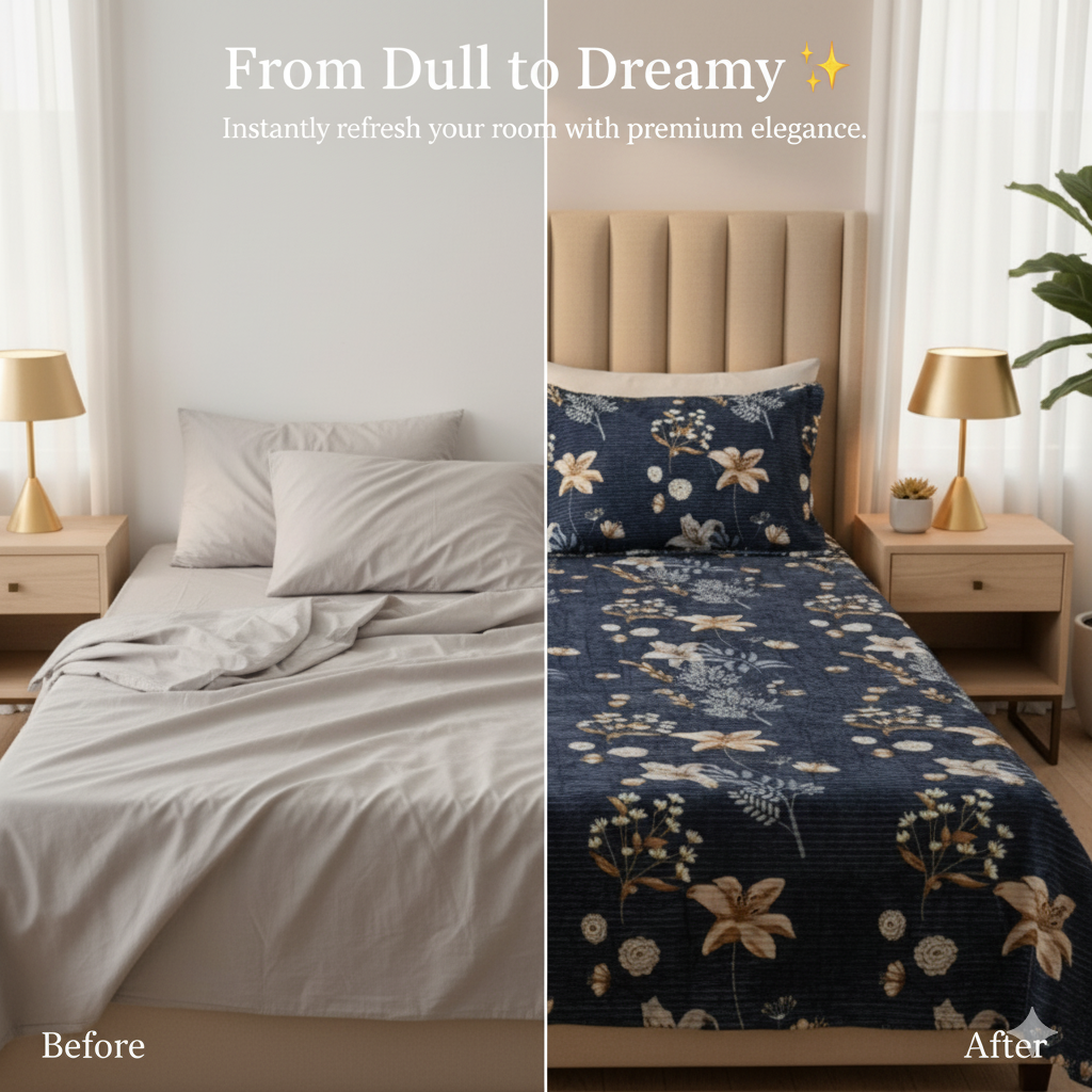 Misnaya Premium Warm Flanno 3-Piece Double Bedsheet Set | Midnight Blossom Flanno Flat Bedsheet with 2 Pillow Covers | 90x100 Inches