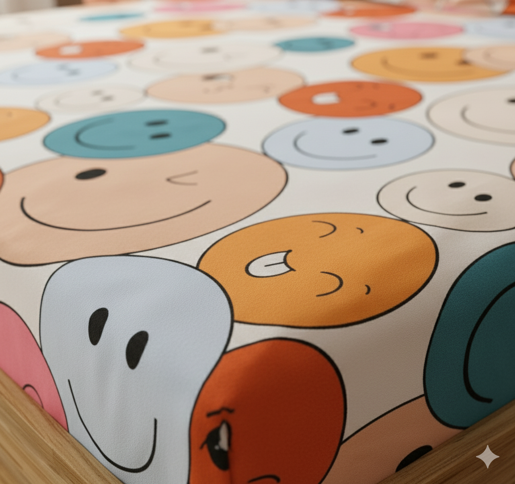 MISNAYA Smiley Print Kids Fitted Bedsheet – Premium 180 GSM Cotton Feel | Elastic Fit Double Bed (90×100 Inches -Fits up to 8-inch mattress)