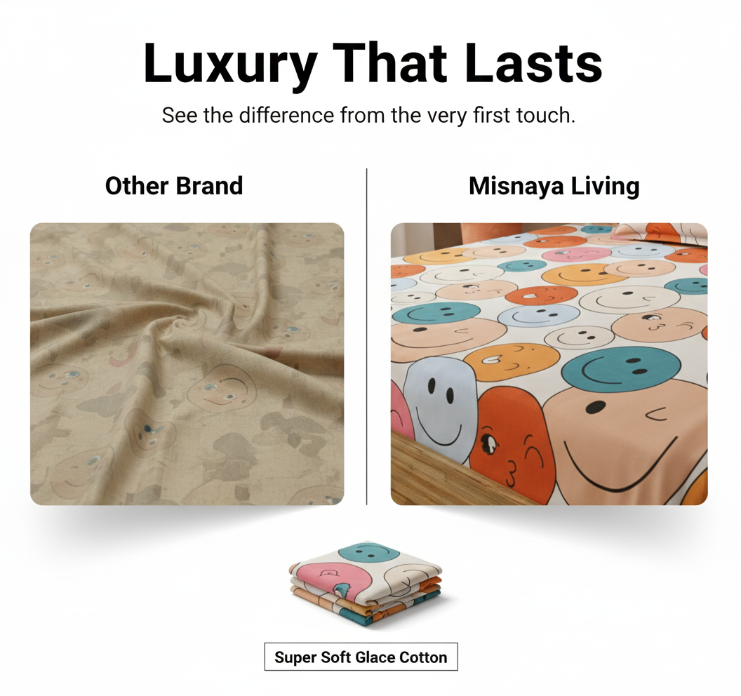 MISNAYA Smiley Print Kids Fitted Bedsheet – Premium 180 GSM Cotton Feel | Elastic Fit Double Bed (90×100 Inches -Fits up to 8-inch mattress)