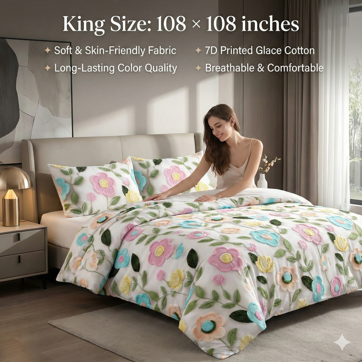Misnaya Premium Pastel Meadow Bloom 7D Glace Cotton King Size Bedsheet( 108×108 Inches) with 2 Matching Pillow Covers