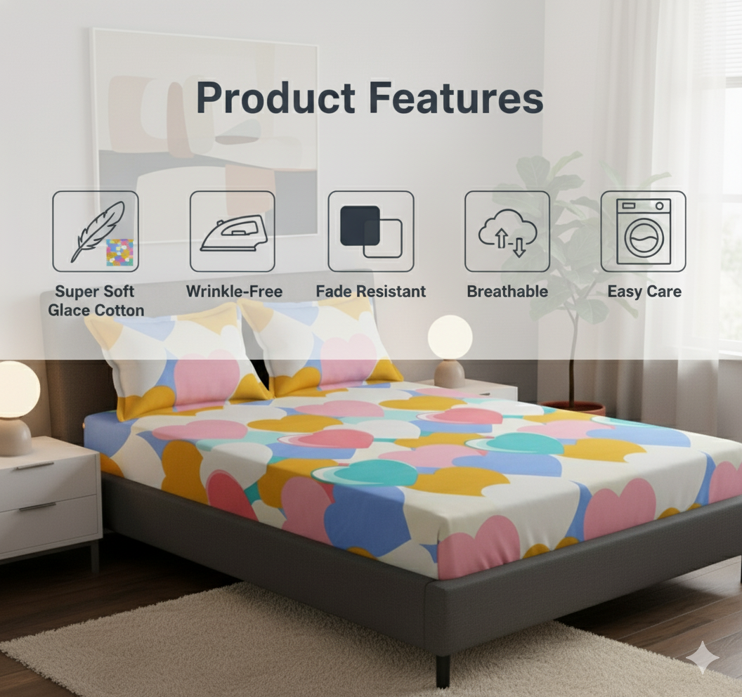 MISNAYA Heart Pattern Kids Fitted Bedsheet – 180 GSM Cotton Feel | Elastic Fit Double  90 x 100 Inch (Fits up to 8-inch mattress) Bed