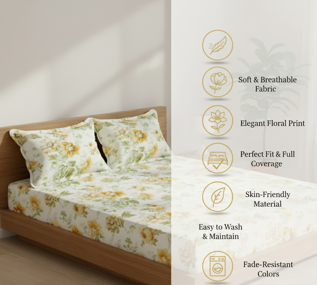 Misnaya Premium 200 TC Double Bed Fitted Bedsheet – Yellow Floral Print with 2 Pillow Covers