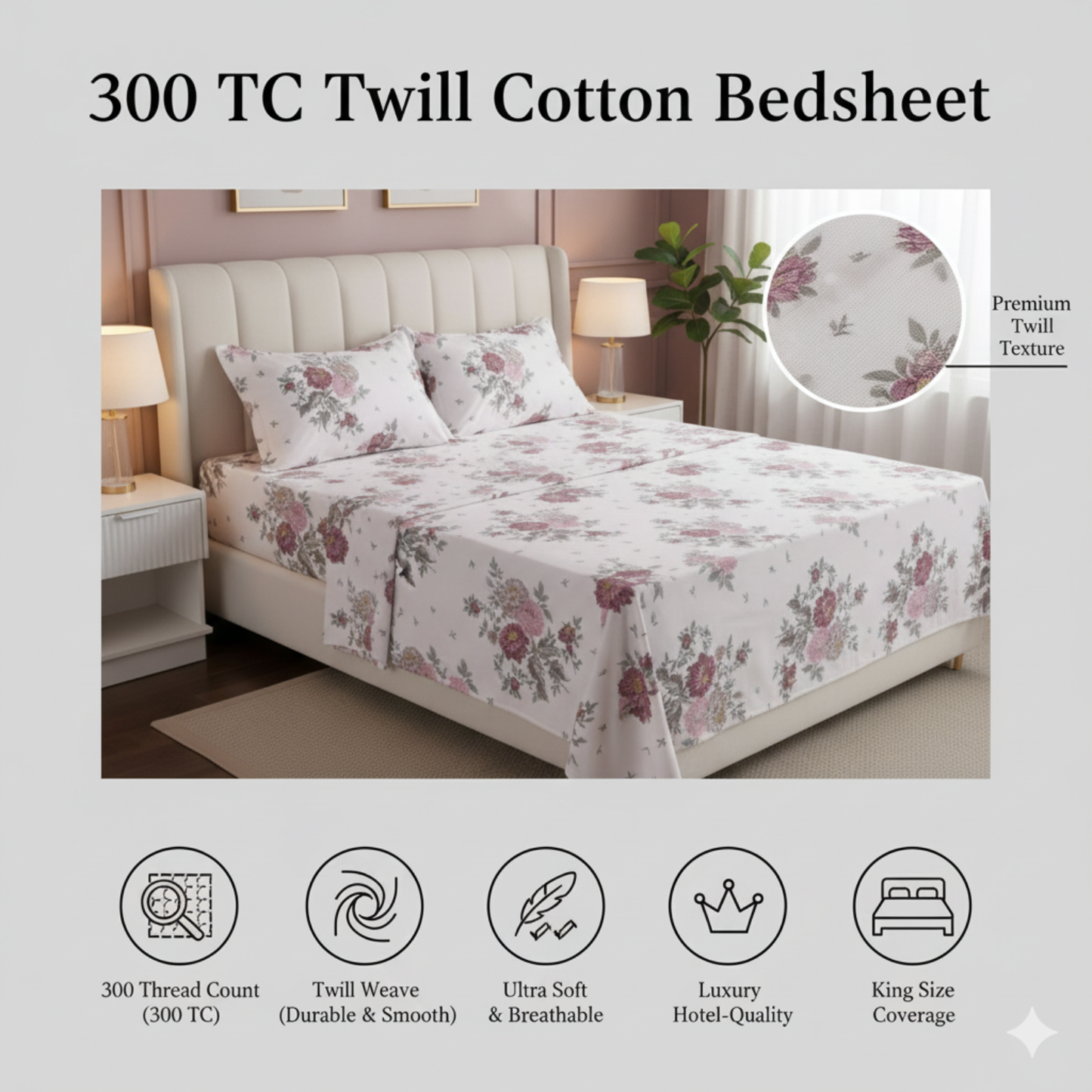 MISNAYA Blush Petal – Premium King Size 108X108 Inches Super Soft 310 TC Twill Cotton Bedsheet with 2 Matching Pillow Covers