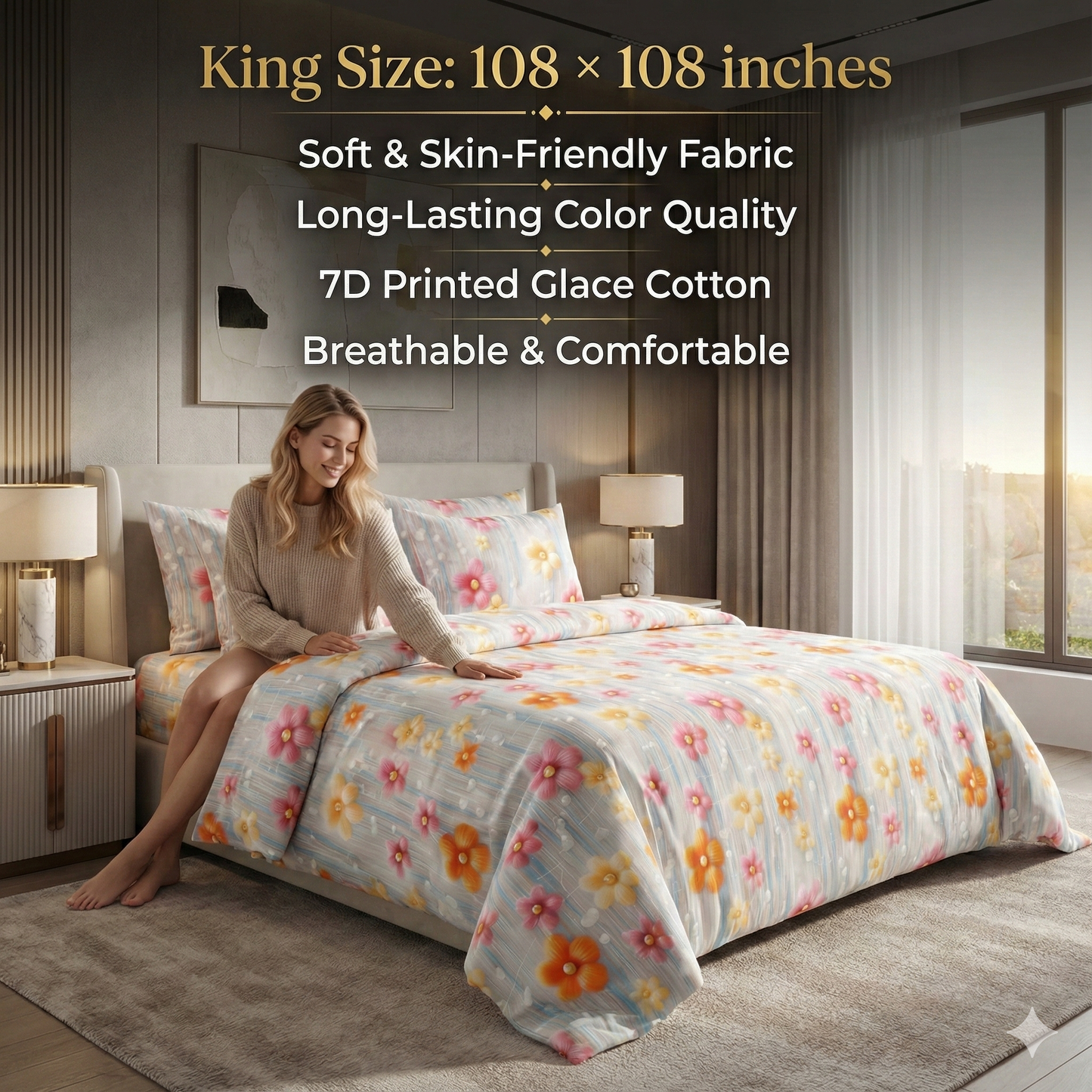 Misnaya Premium Sky Garden Bloom 7D Glace Cotton King Size Bedsheet( 108×108 Inches) with 2 Matching Pillow Covers