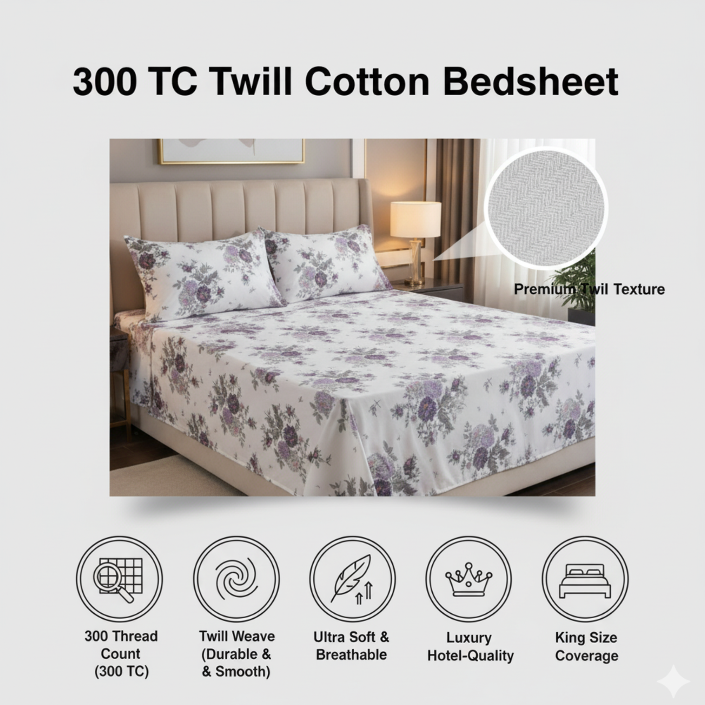 MISNAYA Lavender Grace – Premium King Size 108X108 Inches Super Soft 310 TC Twill Cotton Bedsheet with 2 Matching Pillow Covers