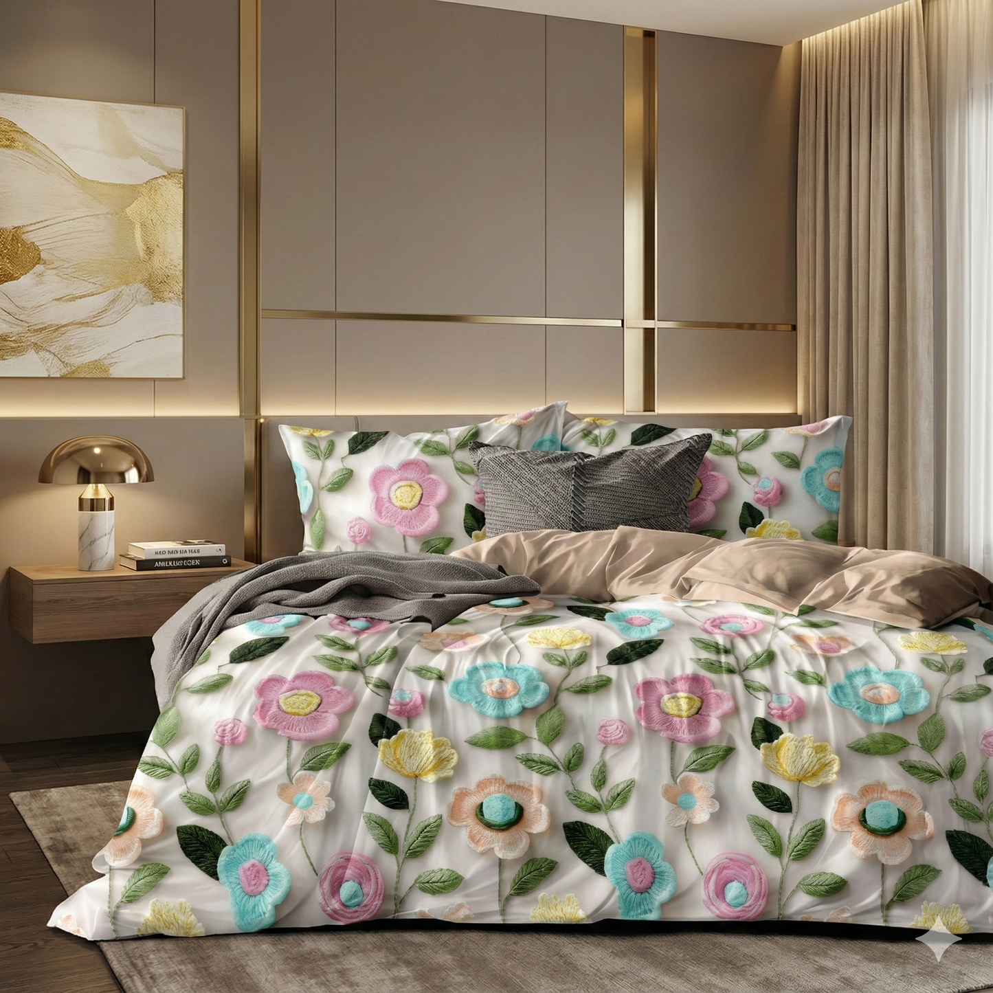 Misnaya Premium Pastel Meadow Bloom 7D Glace Cotton King Size Bedsheet( 108×108 Inches) with 2 Matching Pillow Covers