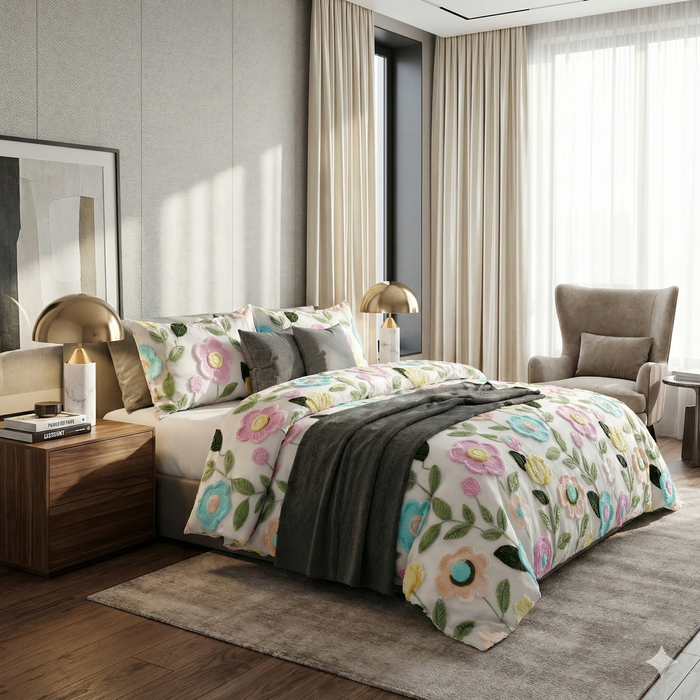 Misnaya Premium Pastel Meadow Bloom 7D Glace Cotton King Size Bedsheet( 108×108 Inches) with 2 Matching Pillow Covers