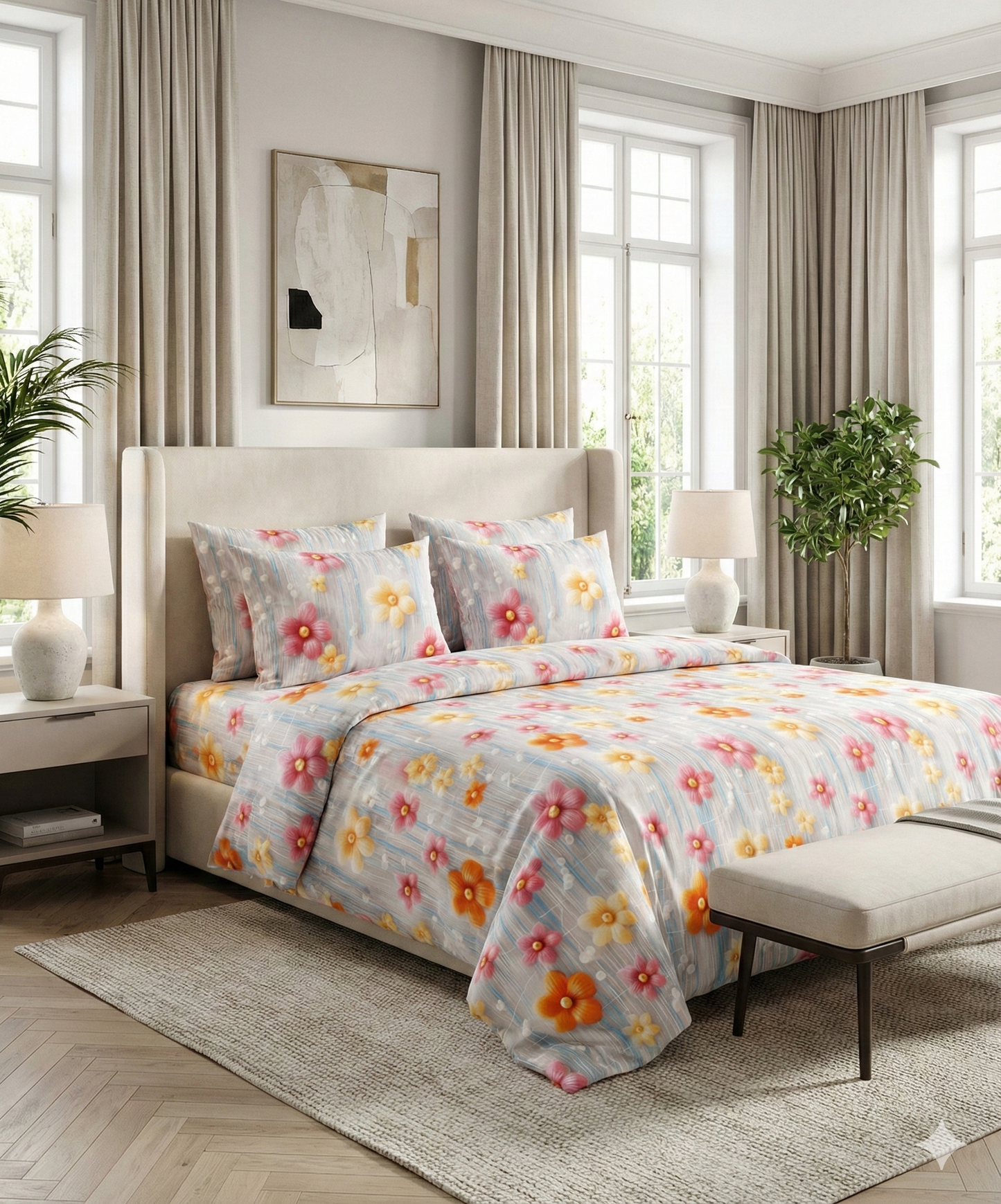 Misnaya Premium Sky Garden Bloom 7D Glace Cotton King Size Bedsheet( 108×108 Inches) with 2 Matching Pillow Covers