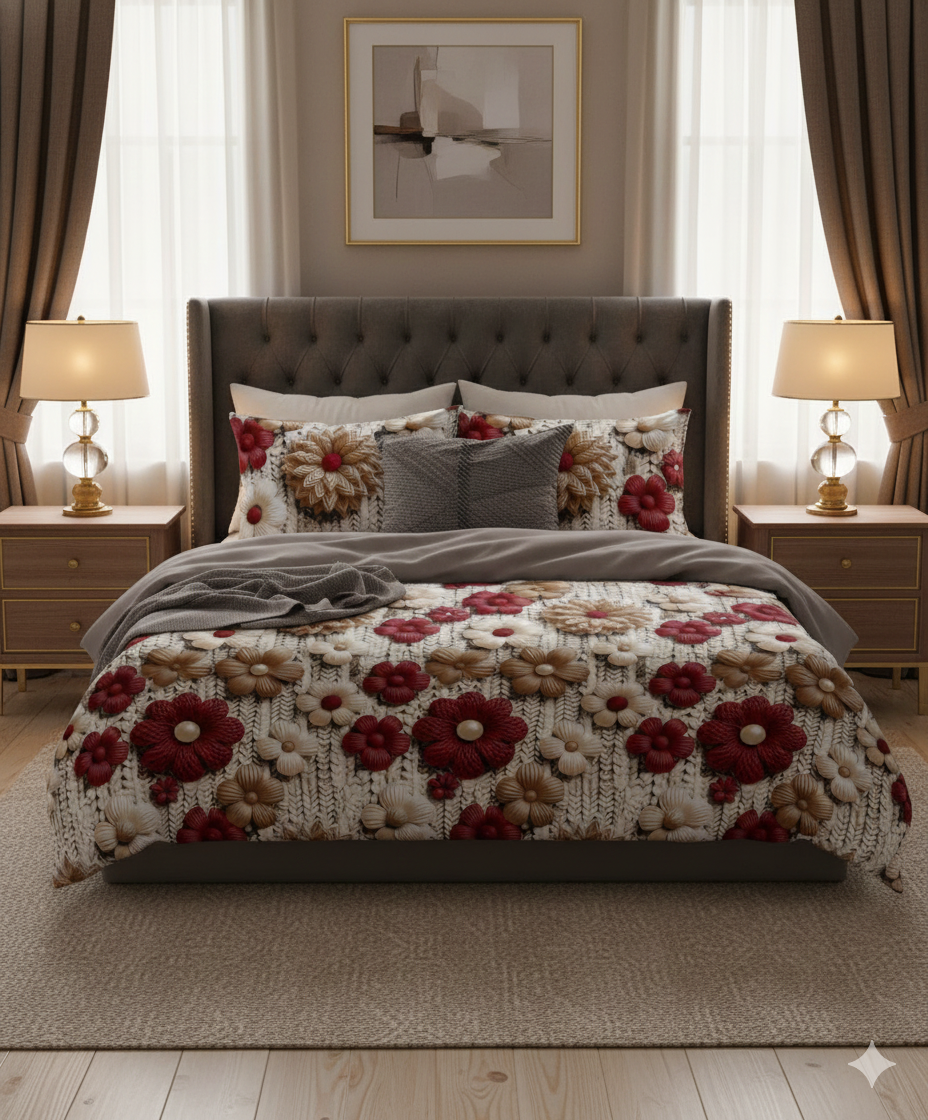 Misnaya 7D Red Pearl Flowers Design Glace Cotton King Bedsheet (Gray Red Blossom, 108×108 Inches) with 2 Matching Pillow Covers