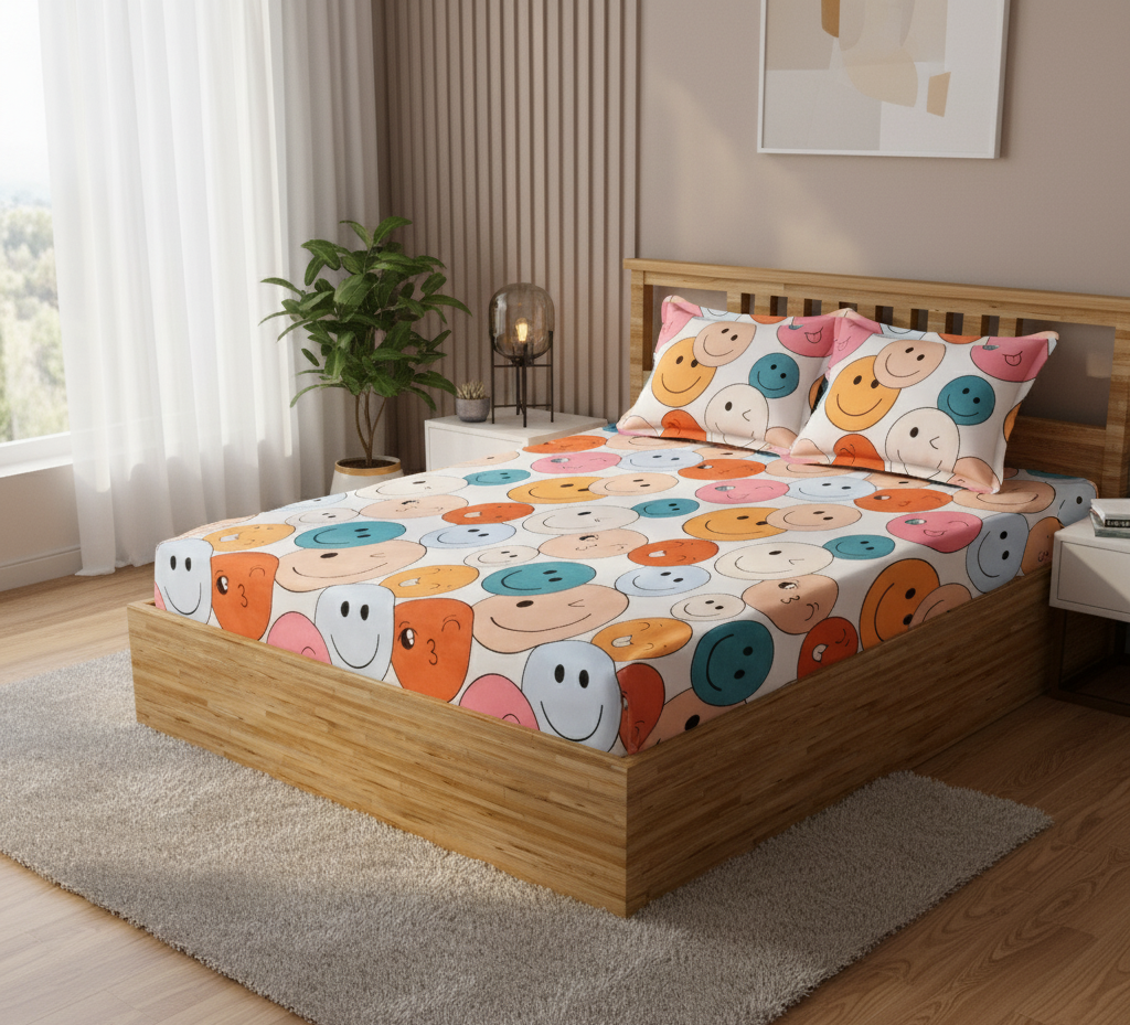 MISNAYA Smiley Print Kids Fitted Bedsheet – Premium 180 GSM Cotton Feel | Elastic Fit Double Bed (90×100 Inches -Fits up to 8-inch mattress)