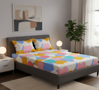 MISNAYA Heart Pattern Kids Fitted Bedsheet – 180 GSM Cotton Feel | Elastic Fit Double  90 x 100 Inch (Fits up to 8-inch mattress) Bed