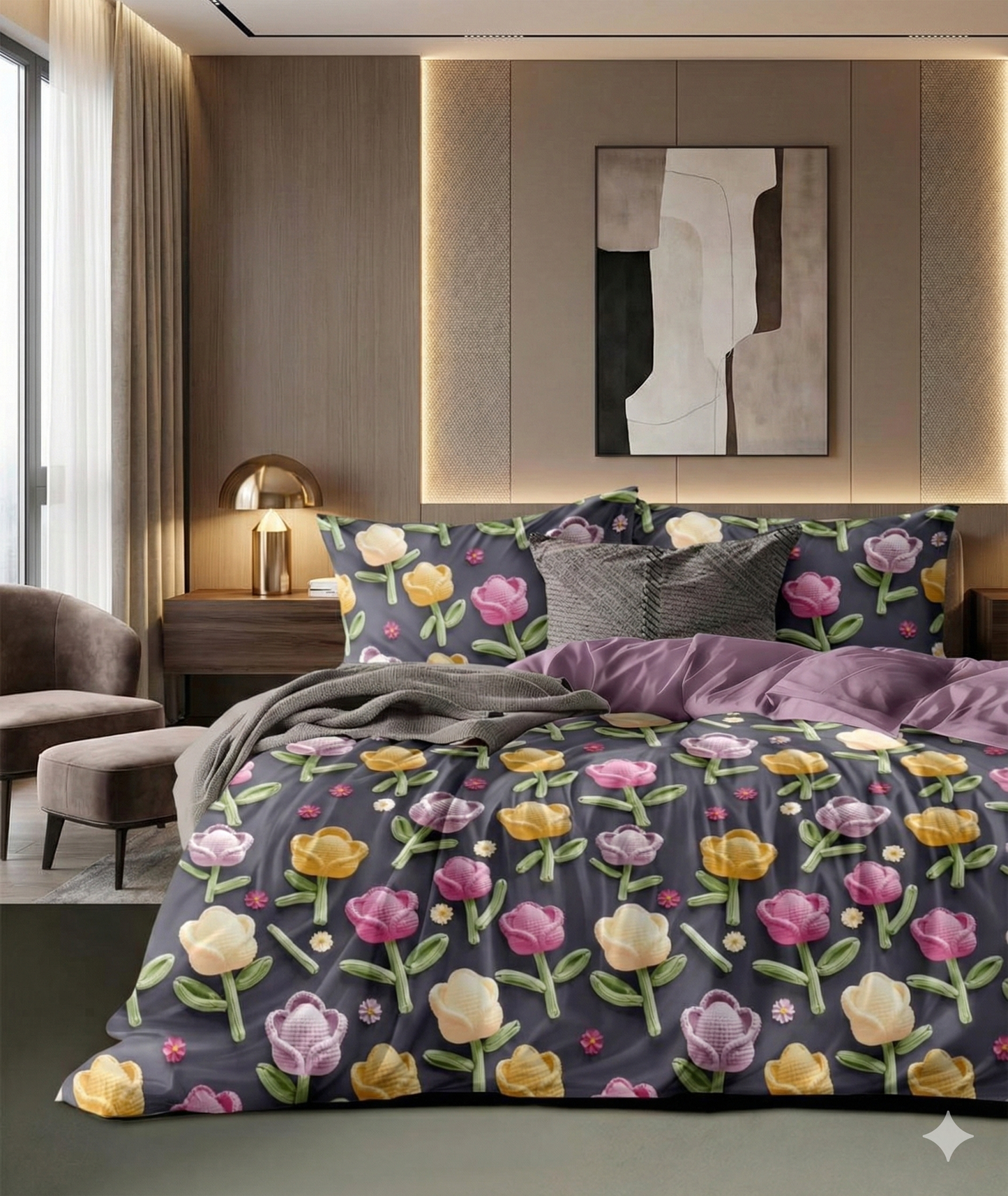 Misnaya Twilight Tulip Garden 7D Glace Cotton King Bedsheet 108×108 Inches with 2 Matching Pillow Covers