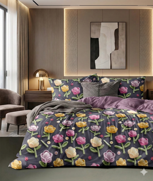 Misnaya Twilight Tulip Garden 7D Glace Cotton King Bedsheet 108×108 Inches with 2 Matching Pillow Covers