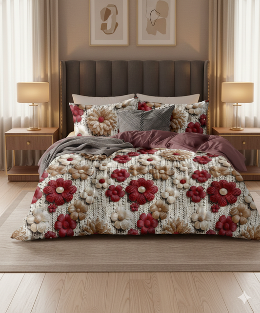 Misnaya 7D Red Pearl Flowers Design Glace Cotton King Bedsheet (Gray Red Blossom, 108×108 Inches) with 2 Matching Pillow Covers