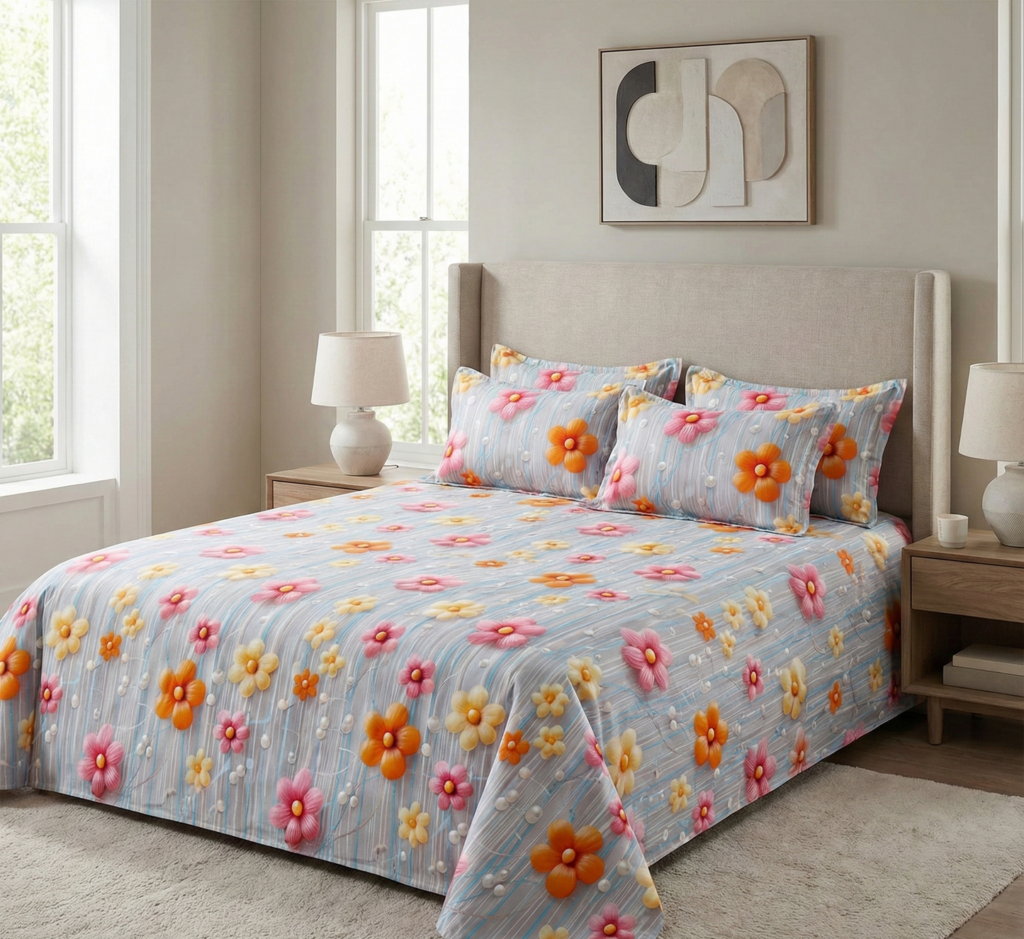 Misnaya Premium Sky Garden Bloom 7D Glace Cotton King Size Bedsheet( 108×108 Inches) with 2 Matching Pillow Covers