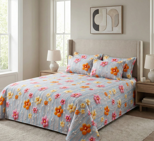 Misnaya Premium Sky Garden Bloom 7D Glace Cotton King Size Bedsheet( 108×108 Inches) with 2 Matching Pillow Covers