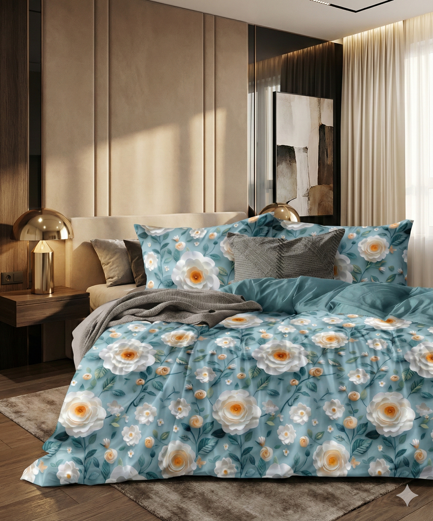 Misnaya Royal Aqua Rose Garden – 7D Glace Cotton King Bedsheet 108×108 Inches with 2 Matching Pillow Covers