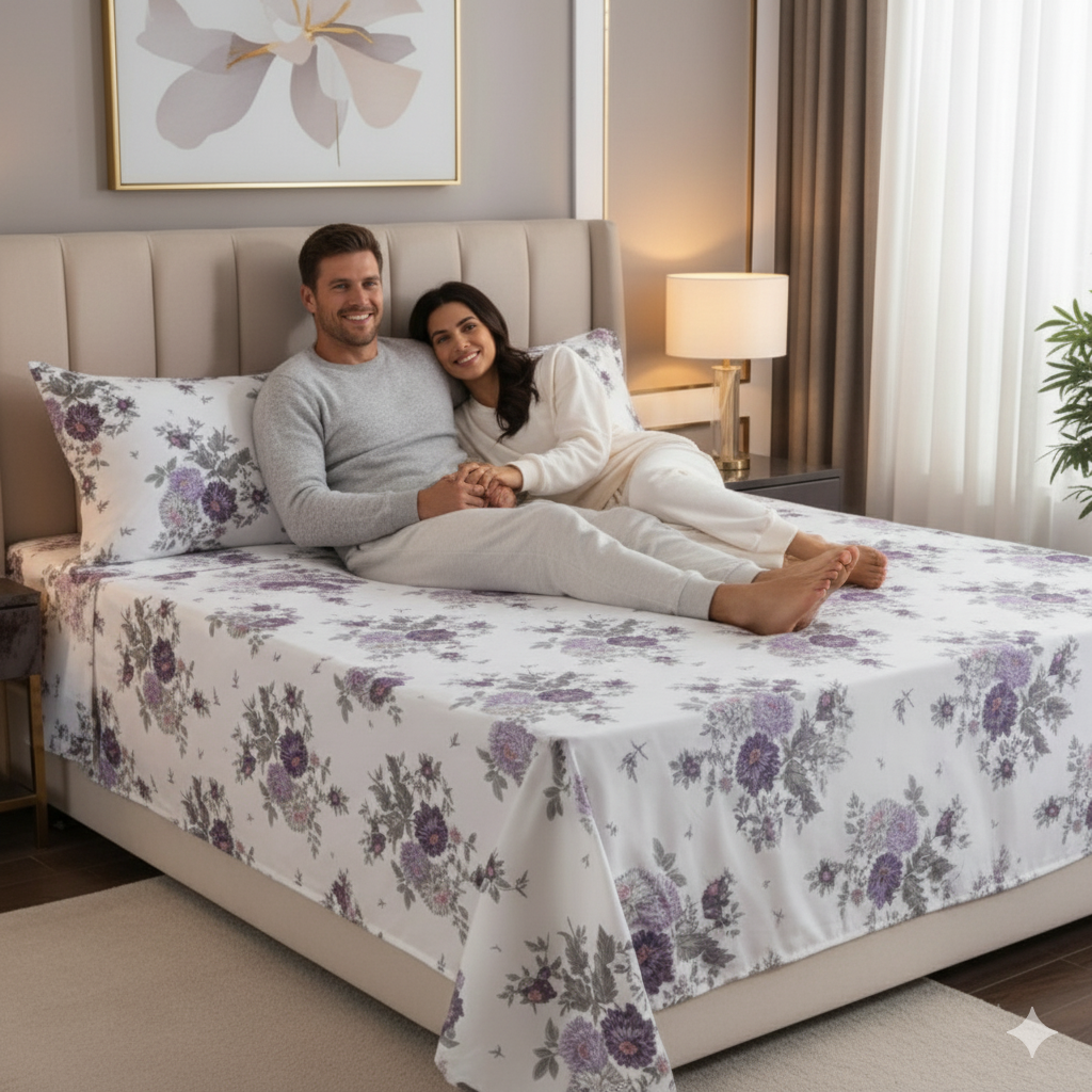 MISNAYA Lavender Grace – Premium King Size 108X108 Inches Super Soft 310 TC Twill Cotton Bedsheet with 2 Matching Pillow Covers