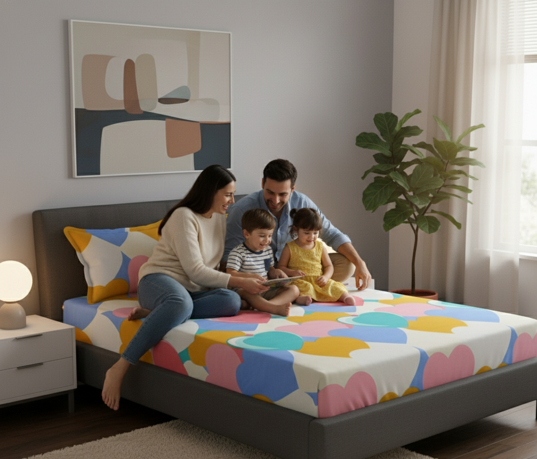 MISNAYA Heart Pattern Kids Fitted Bedsheet – 180 GSM Cotton Feel | Elastic Fit Double  90 x 100 Inch (Fits up to 8-inch mattress) Bed