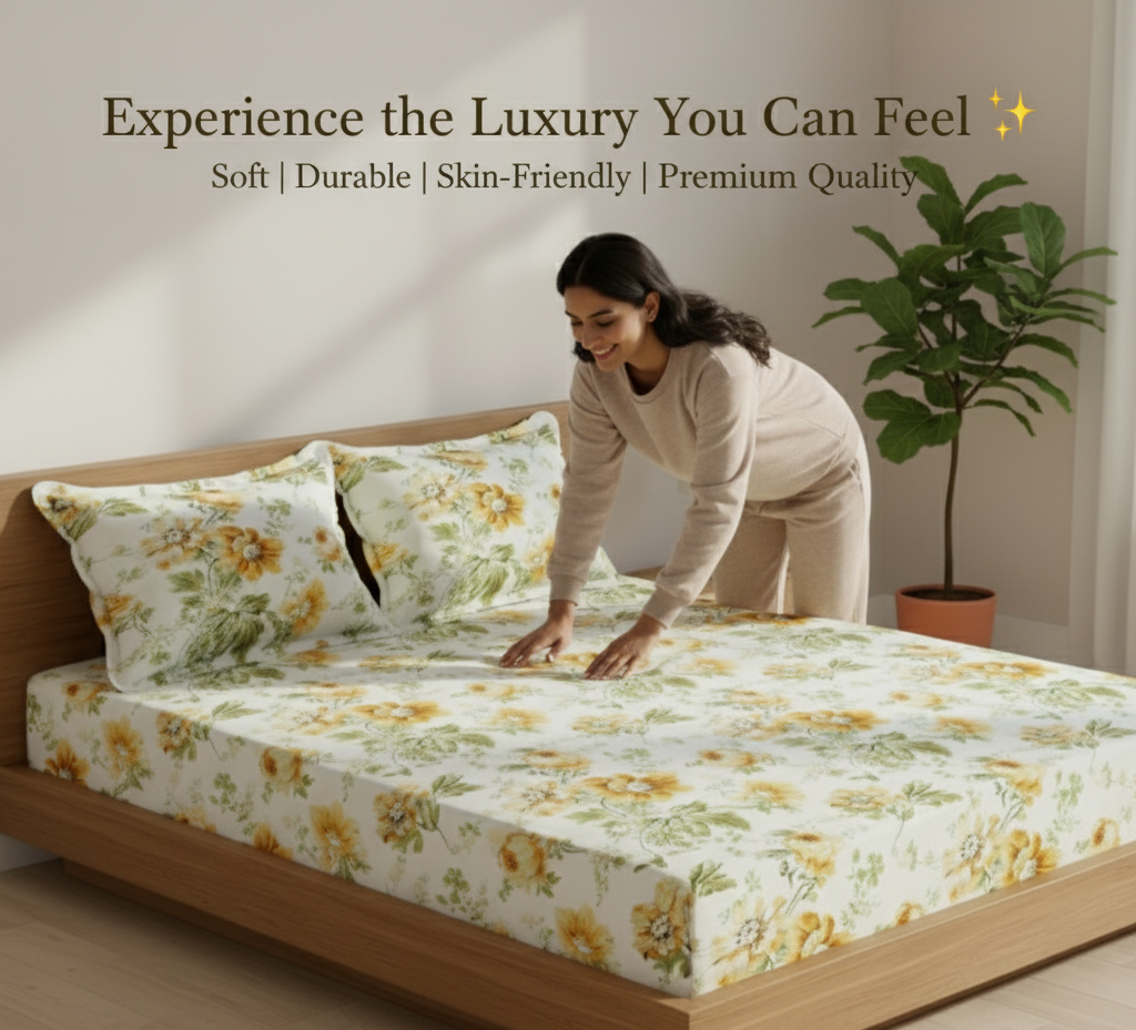 Misnaya Premium 200 TC Double Bed Fitted Bedsheet – Yellow Floral Print with 2 Pillow Covers