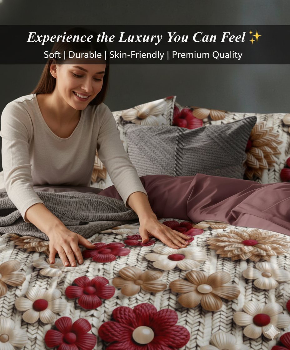 Misnaya 7D Red Pearl Flowers Design Glace Cotton King Bedsheet (Gray Red Blossom, 108×108 Inches) with 2 Matching Pillow Covers