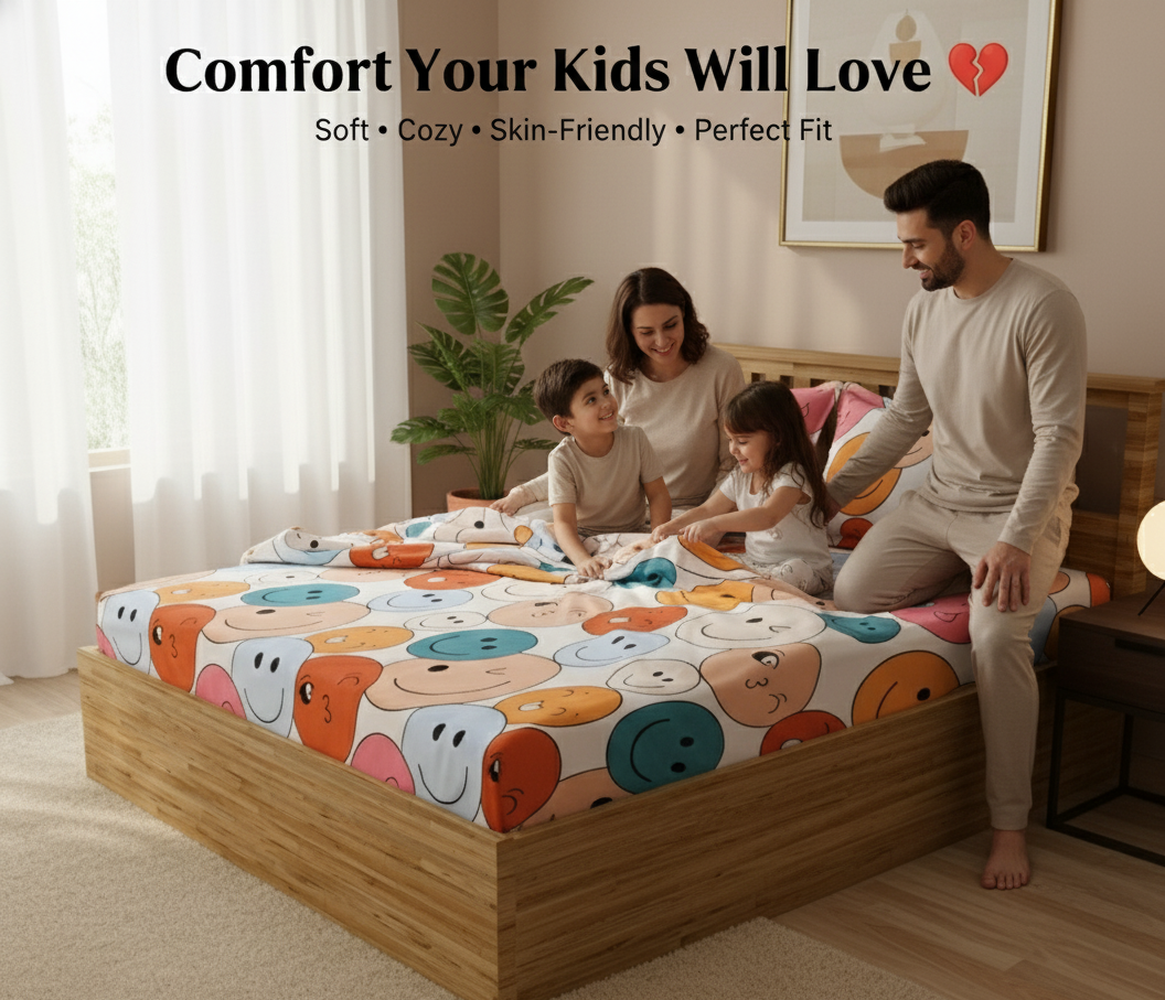 MISNAYA Smiley Print Kids Fitted Bedsheet – Premium 180 GSM Cotton Feel | Elastic Fit Double Bed (90×100 Inches -Fits up to 8-inch mattress)