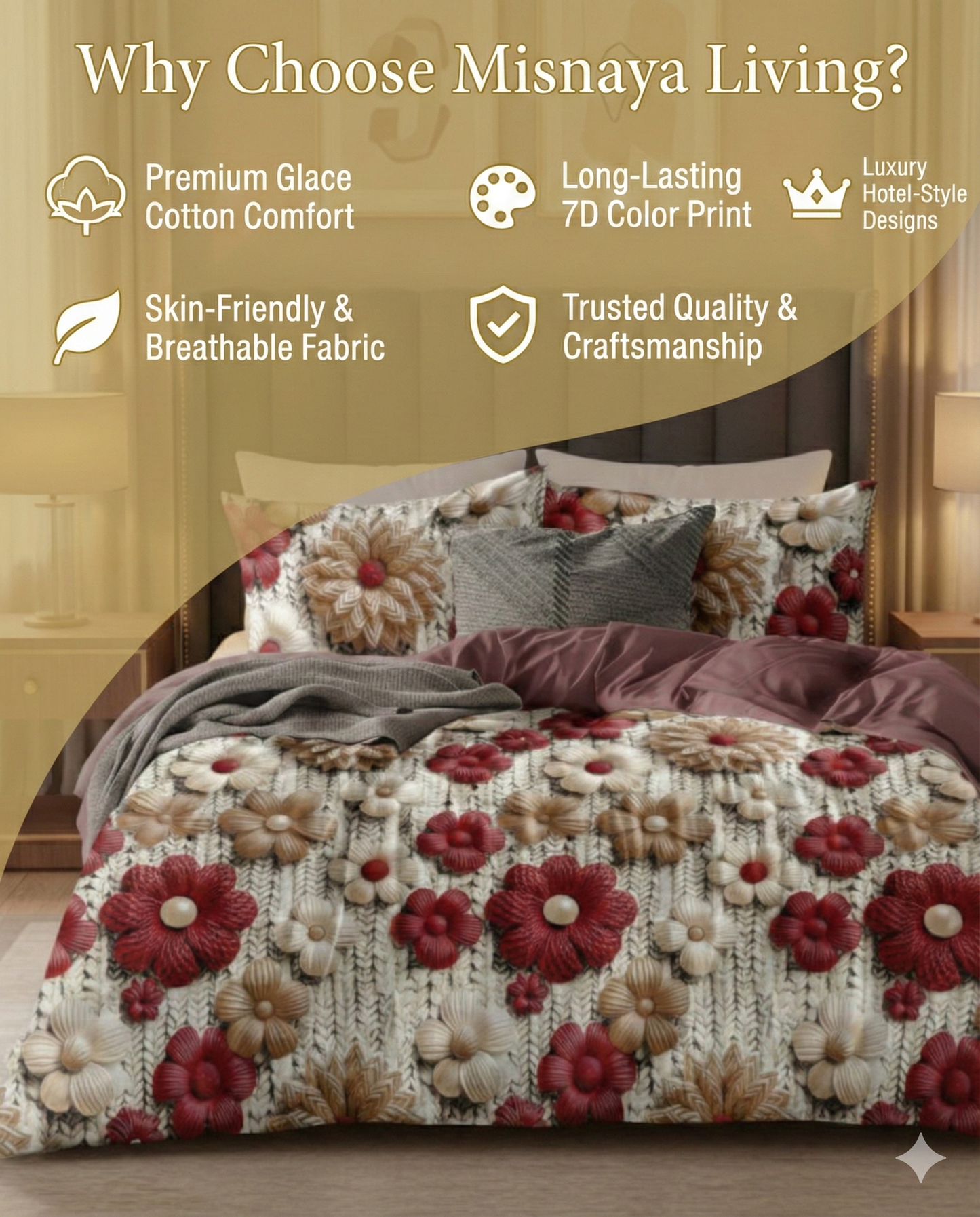 Misnaya 7D Red Pearl Flowers Design Glace Cotton King Bedsheet (Gray Red Blossom, 108×108 Inches) with 2 Matching Pillow Covers